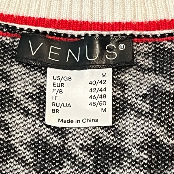 VENUS Houndstooth Black & White Red Trim Oversized Sweater Retro Cardigan size M - Picture 2 of 7